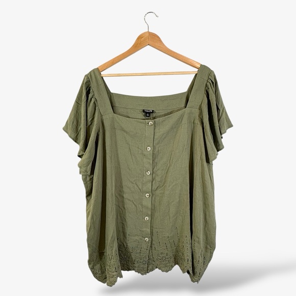 Torrid Green Square Neck Blouse Size 4X Flutter Sleeve Eyelet Lace Crinkle Gauze - Picture 1 of 9
